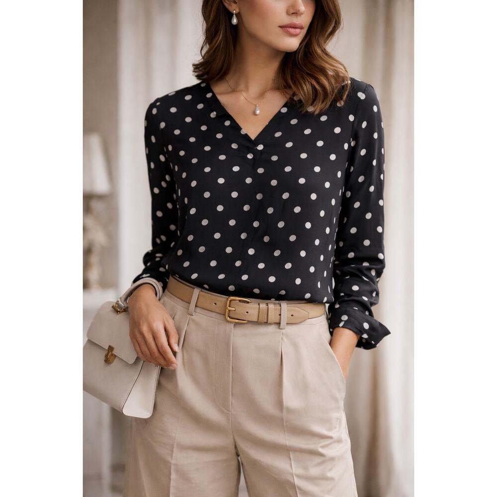 Carlisle 100% Silk Blouse Womens Polka Dot V-Neck Modern Top Black White Small 2